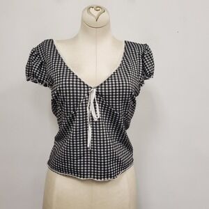 La Peche Womens Ruffle Sleeve Tie Front Babydoll Top Size XL Gingham Black White